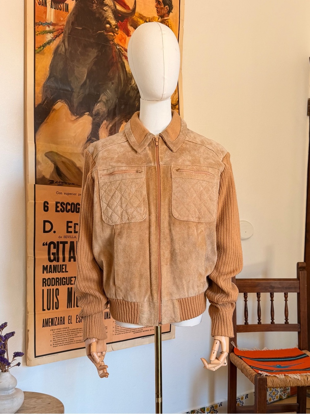 Vintage 70s Hi Gear Tan Suede Zip Up Leather Ribbed Sleeves Size L